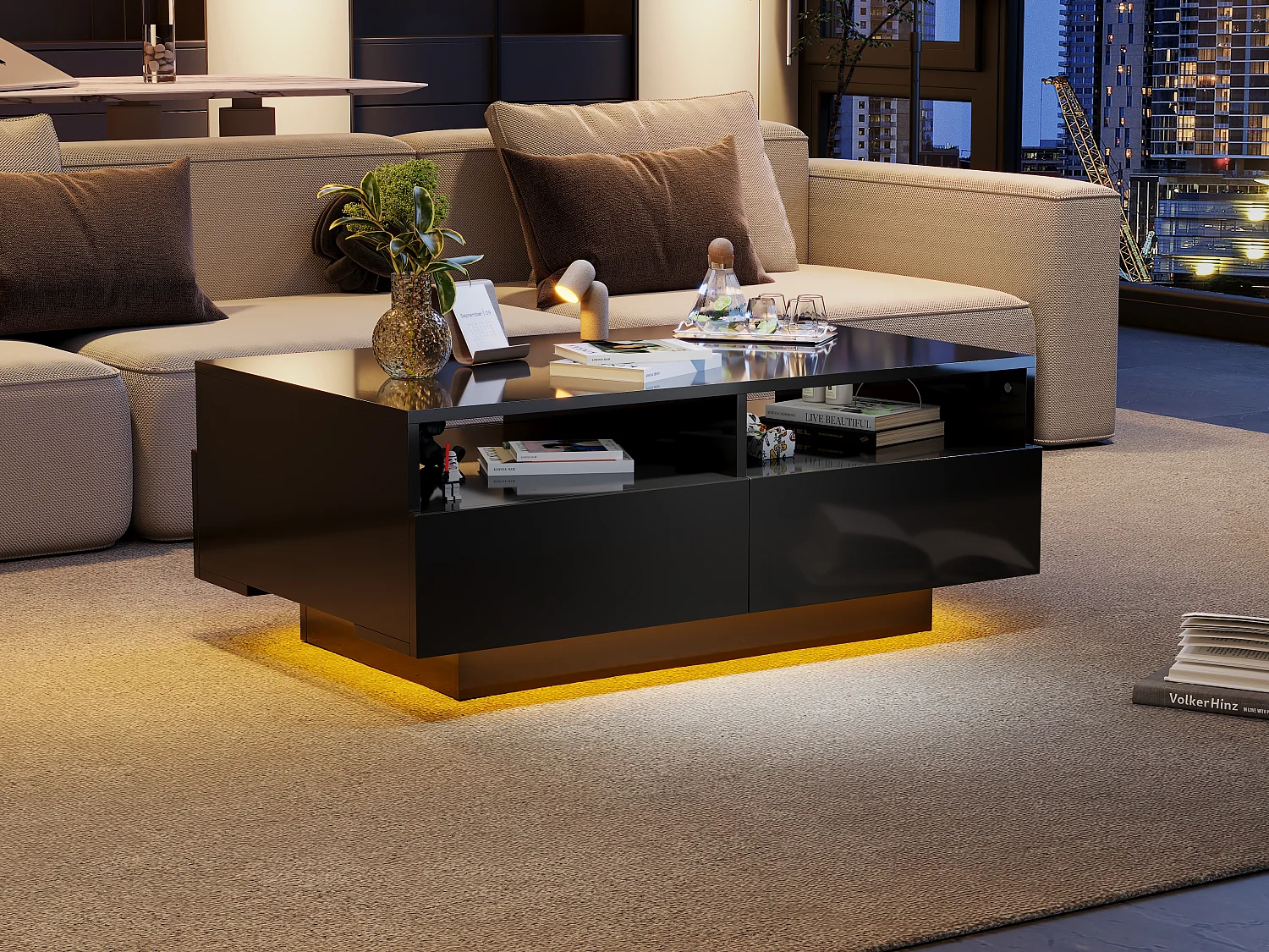Table basse laquée brillante avec 4 tiroirs et LED 16 couleurs - Pour salon et chambres - Noir