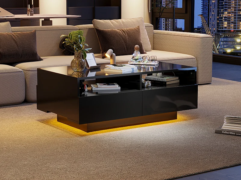 Table basse laquée brillante avec 4 tiroirs et LED 16 couleurs - Pour salon et chambres - Noir