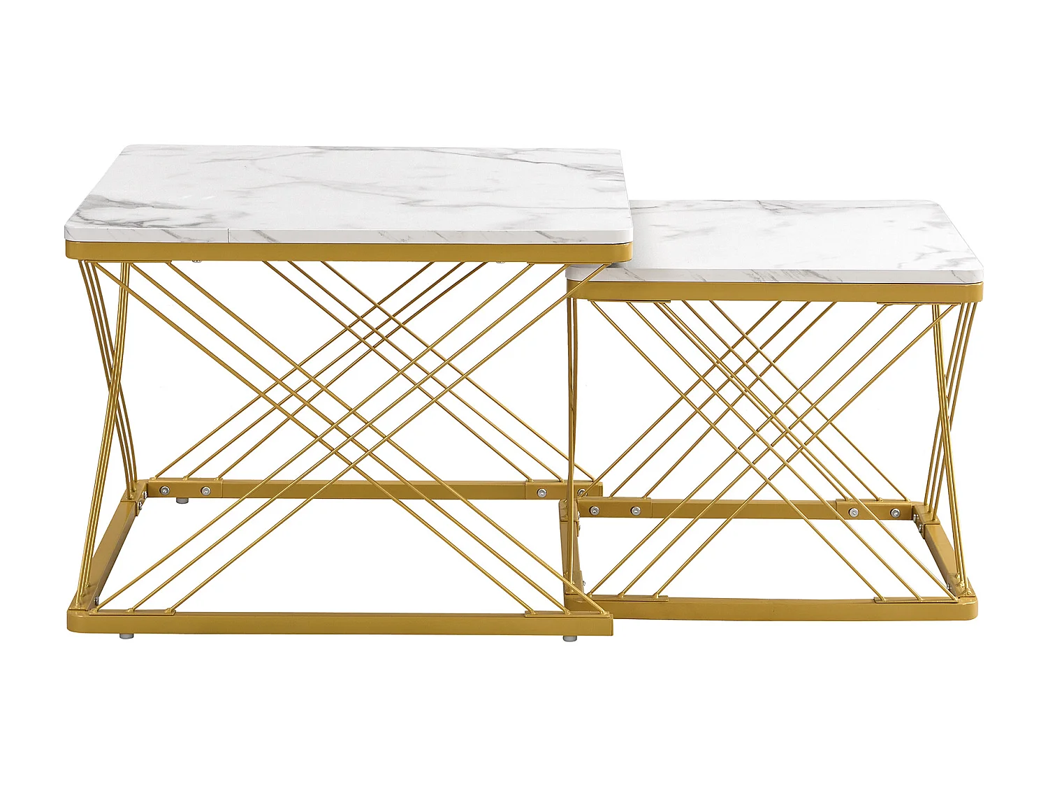 Table basse gigogne -Lot de 2 - Plateau finition brillant en effet marbre - Blanc et doré