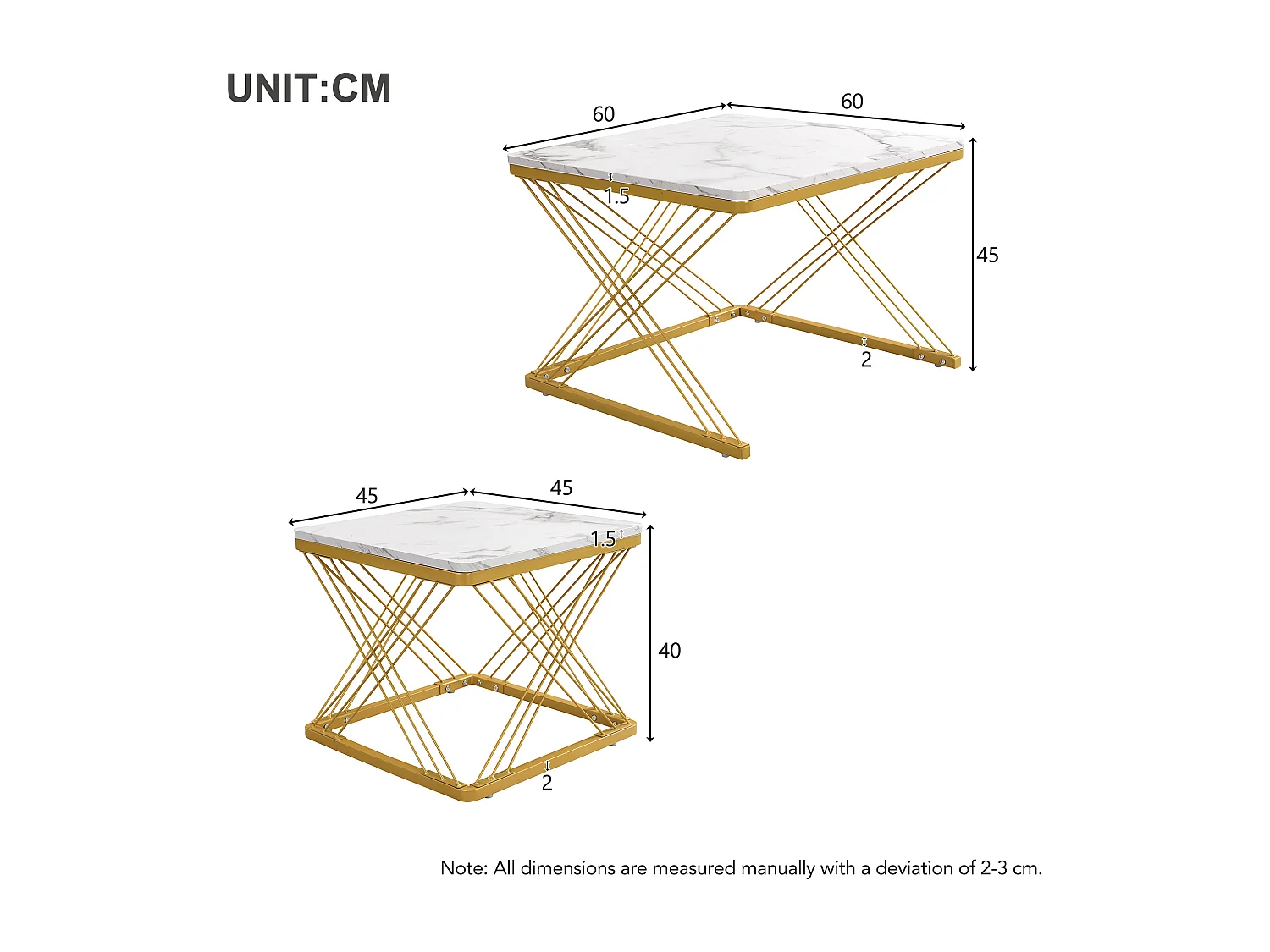 Table basse gigogne -Lot de 2 - Plateau finition brillant en effet marbre - Blanc et doré