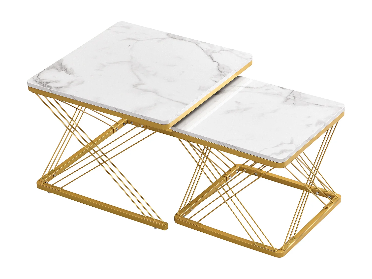 Table basse gigogne -Lot de 2 - Plateau finition brillant en effet marbre - Blanc et doré