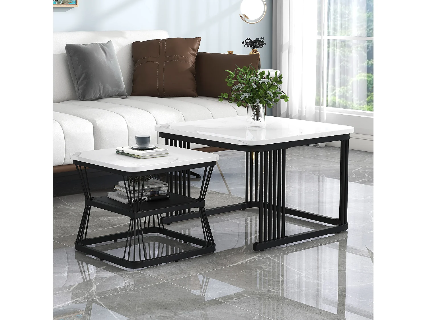 Table basse gigogne en motif marbre - Lot de 2 avec rangemnet - Noir et blanc