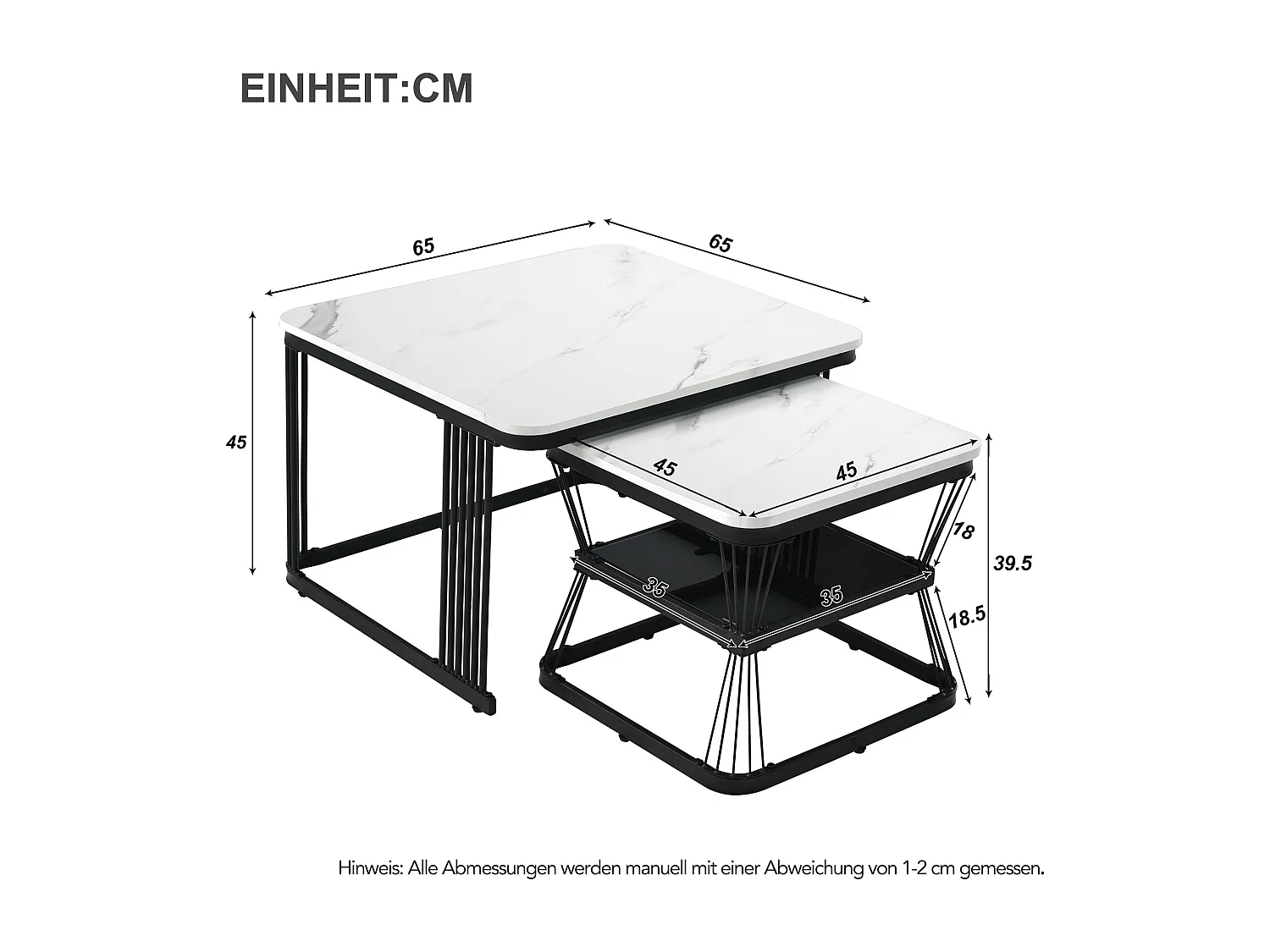 Table basse gigogne en motif marbre - Lot de 2 avec rangemnet - Noir et blanc