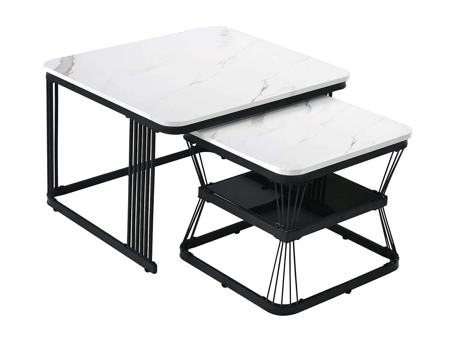 Table basse gigogne en motif marbre - Lot de 2 avec rangemnet - Noir et blanc