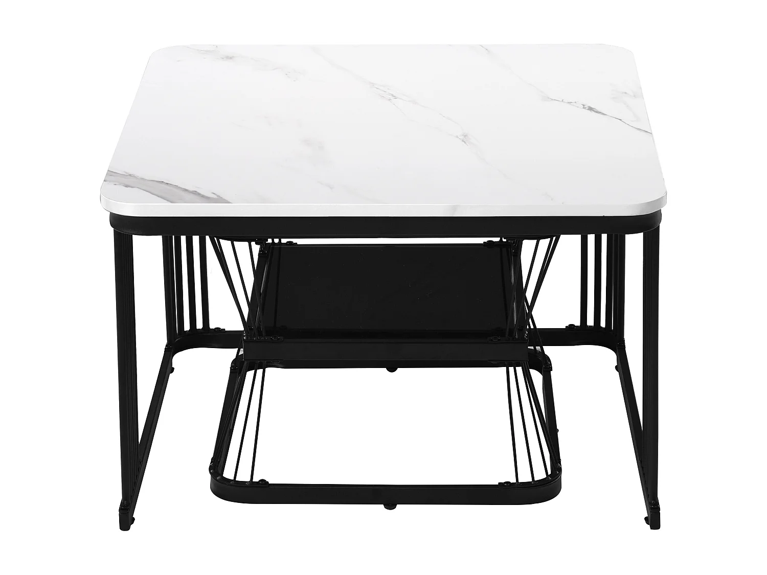 Table basse gigogne en motif marbre - Lot de 2 avec rangemnet - Noir et blanc