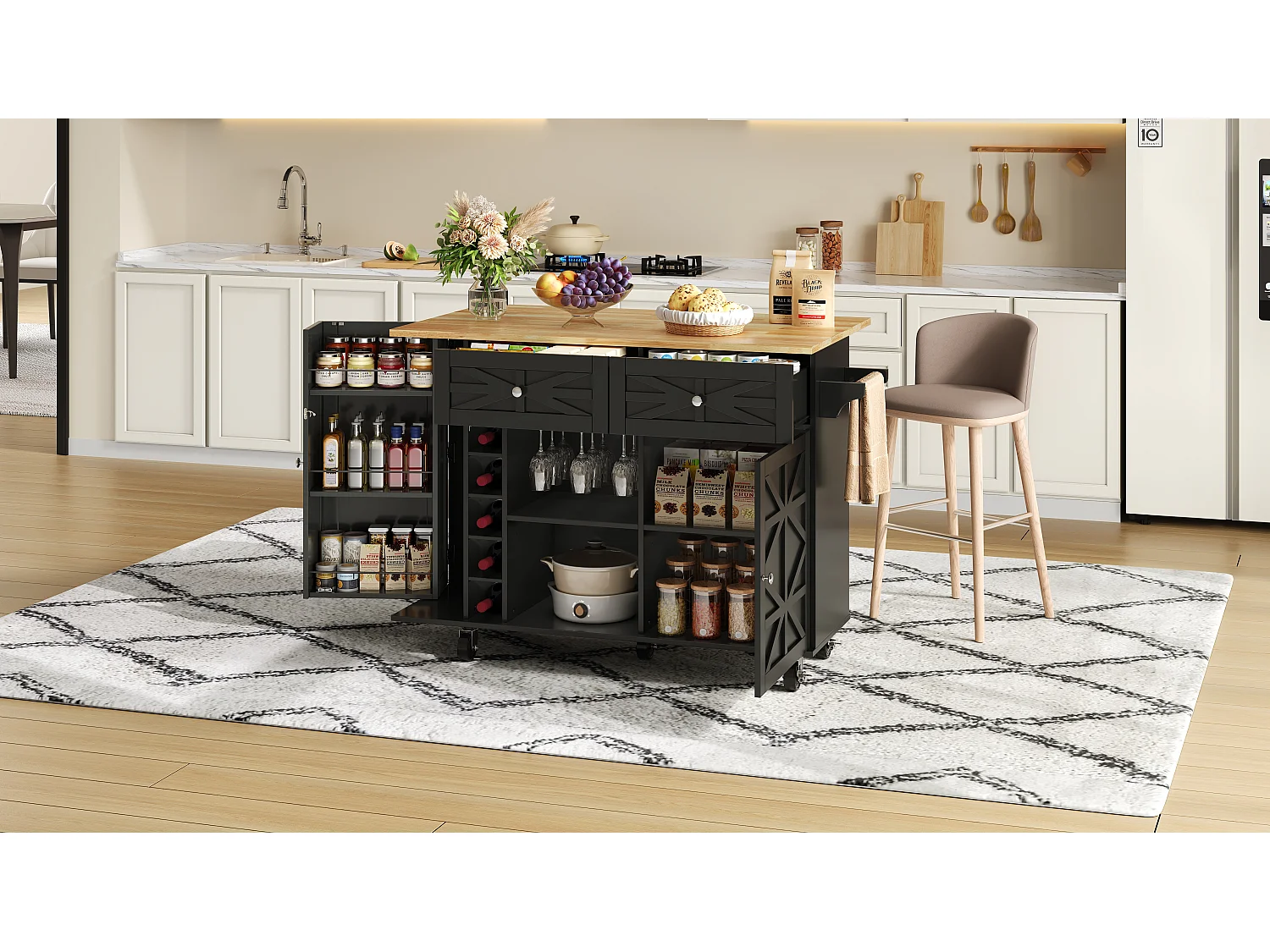 Keukeneiland op wielen - Met 2 lades, deur en wijnrek - Zwart 120 x 45(70) x 89 cm