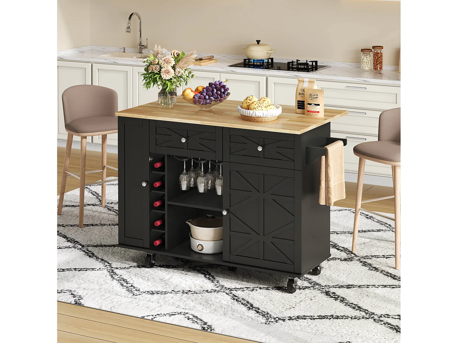 Keukeneiland op wielen - Met 2 lades, deur en wijnrek - Zwart 120 x 45(70) x 89 cm
