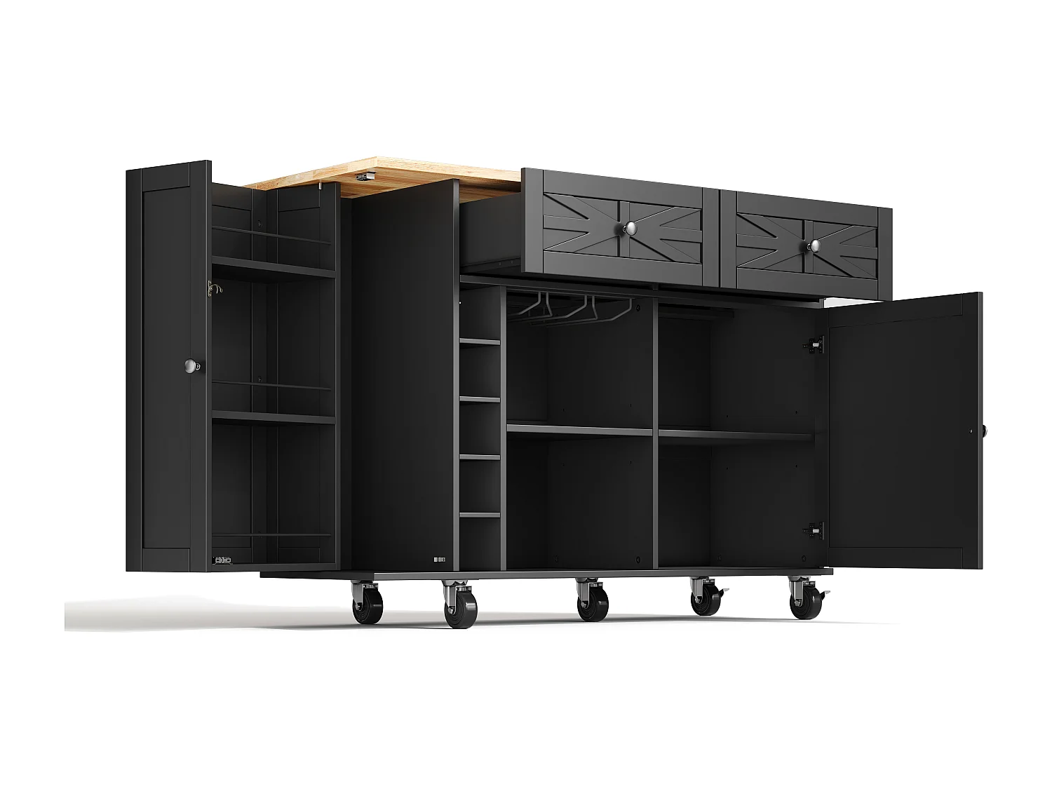 Keukeneiland op wielen - Met 2 lades, deur en wijnrek - Zwart 120 x 45(70) x 89 cm