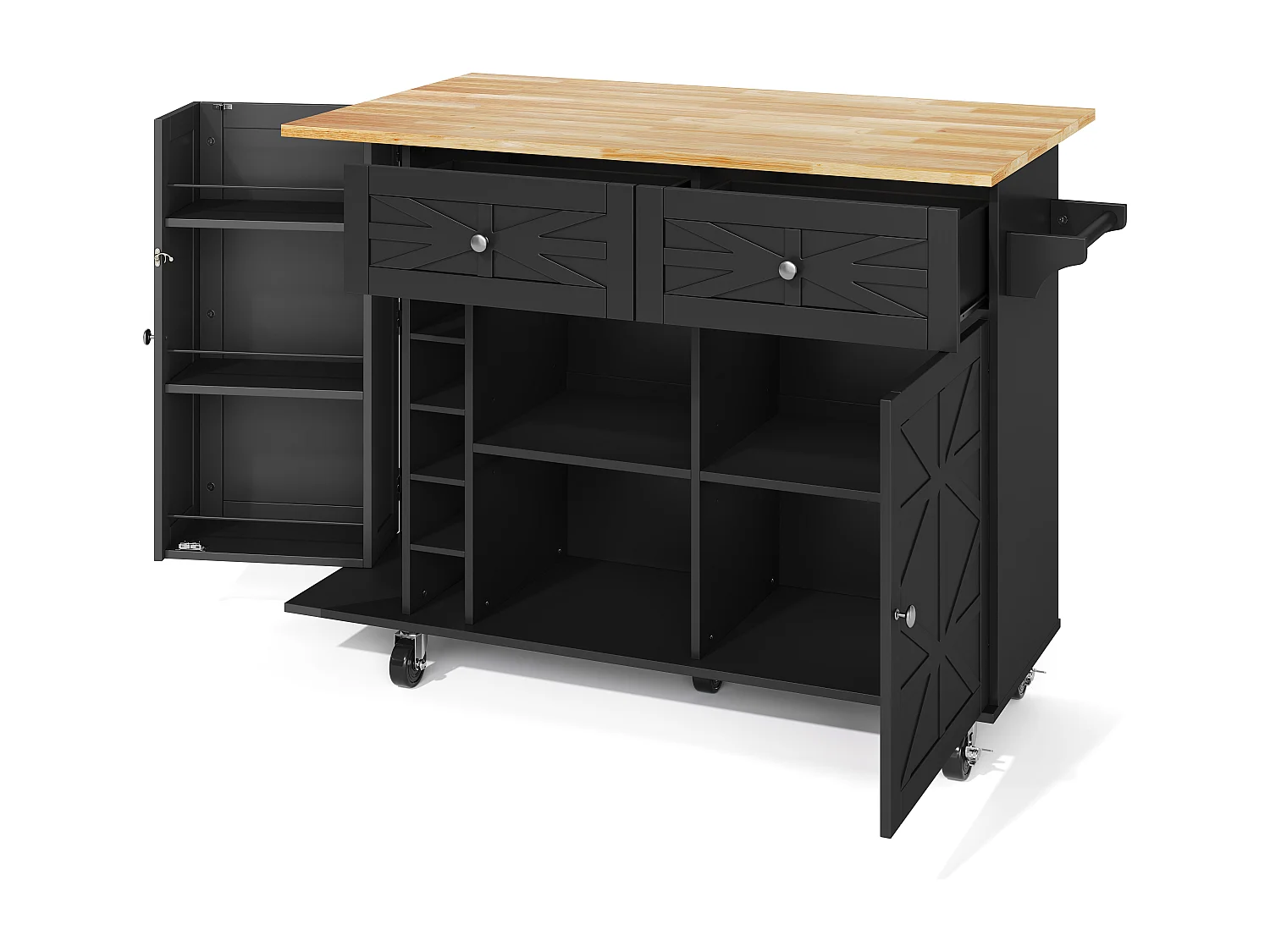 Keukeneiland op wielen - Met 2 lades, deur en wijnrek - Zwart 120 x 45(70) x 89 cm
