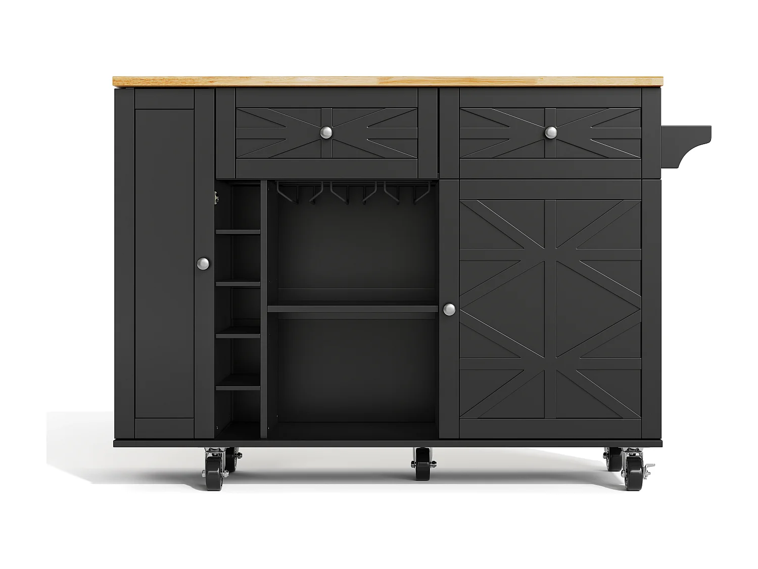 Keukeneiland op wielen - Met 2 lades, deur en wijnrek - Zwart 120 x 45(70) x 89 cm