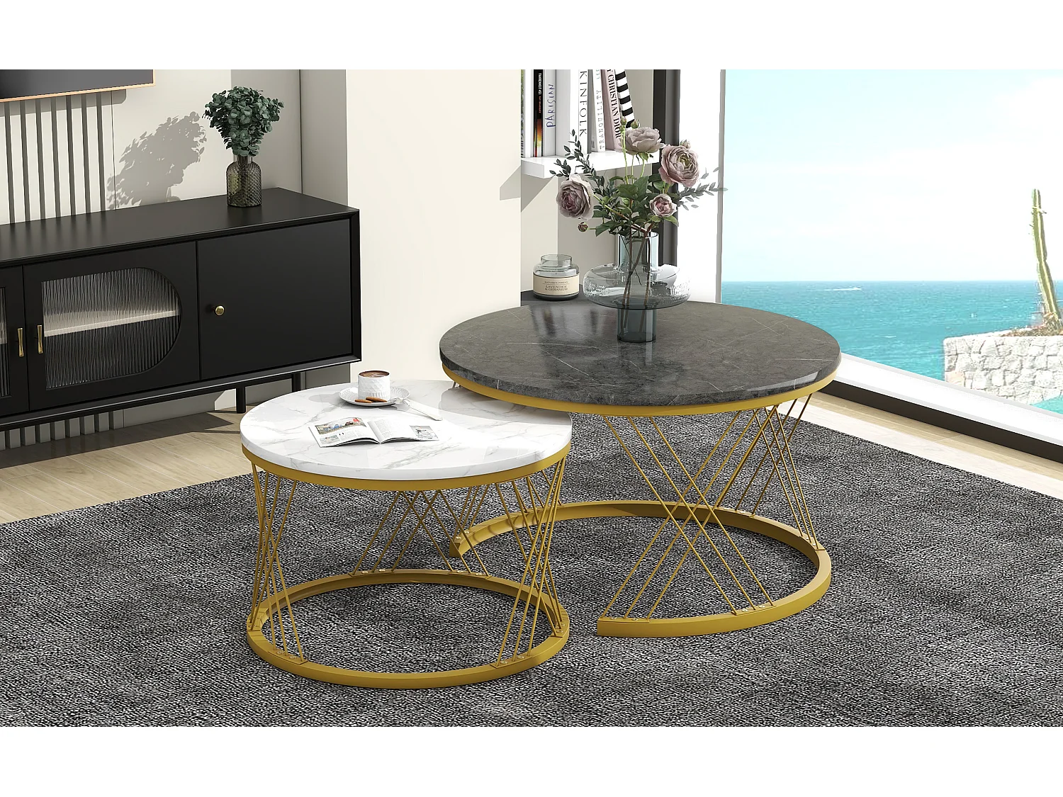 Salontafelset - Marmerlook blad - Set van 2 rond - Wit en goud