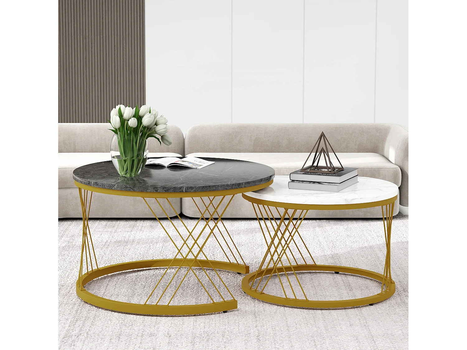 Salontafelset - Marmerlook blad - Set van 2 rond - Wit en goud