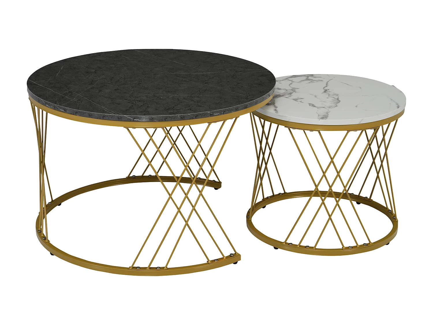 Salontafelset - Marmerlook blad - Set van 2 rond - Wit en goud