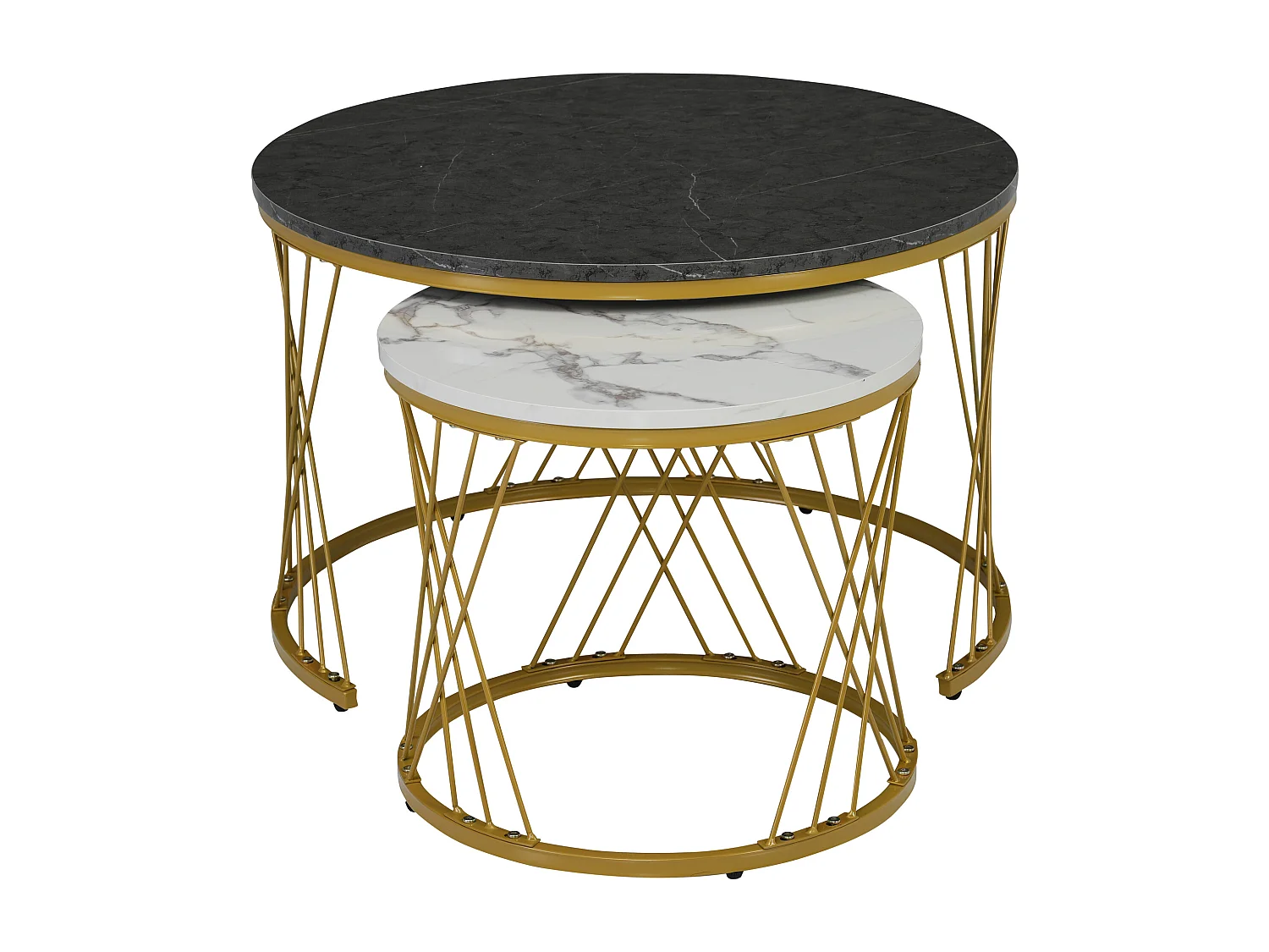 Salontafelset - Marmerlook blad - Set van 2 rond - Wit en goud