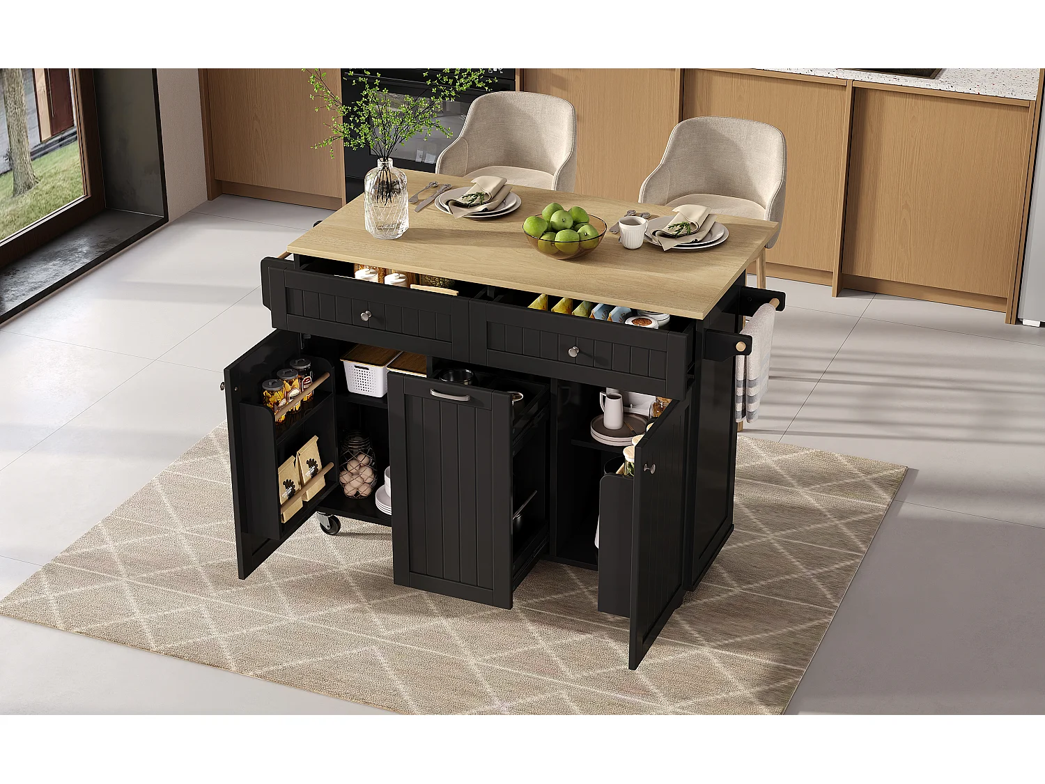 Keukeneiland met 2 deuren en 3 lades - Uitschuifbaar blad - Zwart met houtaccenten