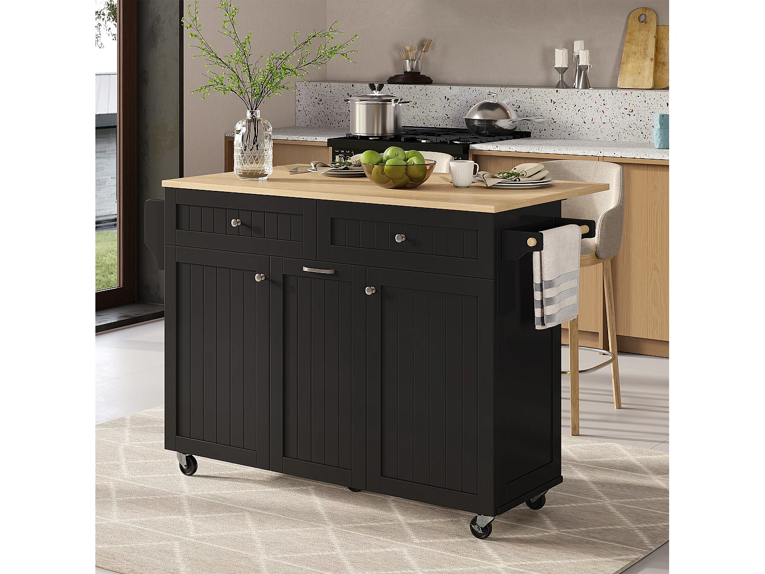 Keukeneiland met 2 deuren en 3 lades - Uitschuifbaar blad - Zwart met houtaccenten