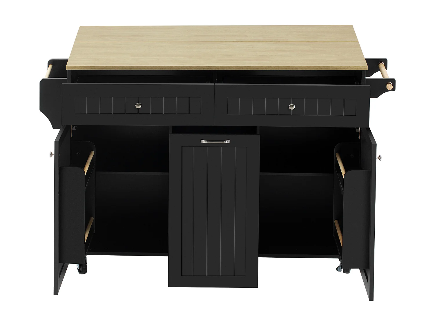 Keukeneiland met 2 deuren en 3 lades - Uitschuifbaar blad - Zwart met houtaccenten