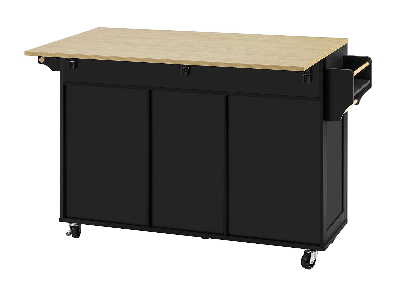 Keukeneiland met 2 deuren en 3 lades - Uitschuifbaar blad - Zwart met houtaccenten