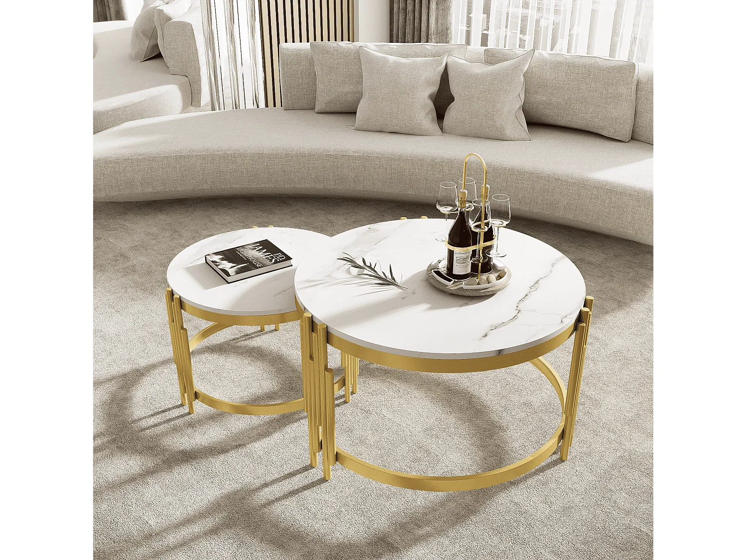 Table basse gigogne avec plateau effet marbre - Structure en métal doré