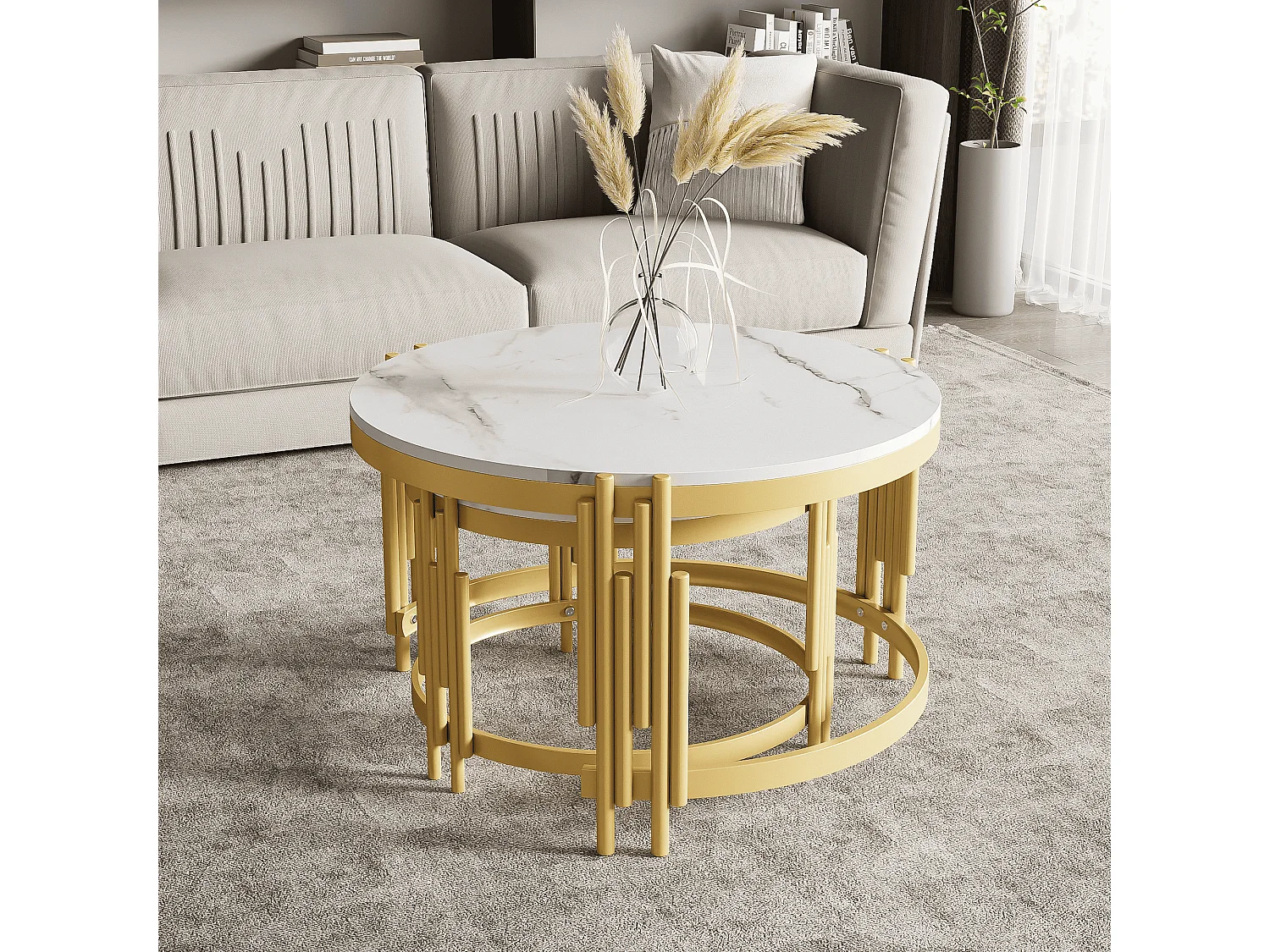 Table basse gigogne avec plateau effet marbre - Structure en métal doré