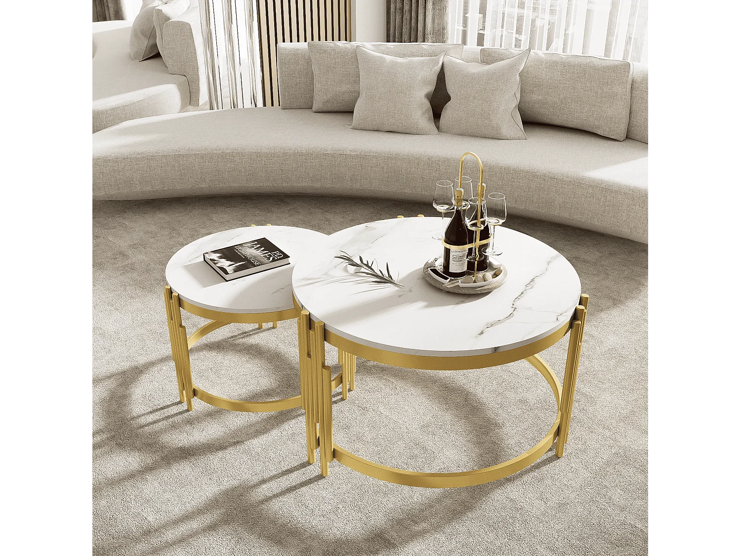 Table basse gigogne avec plateau effet marbre - Structure en métal doré