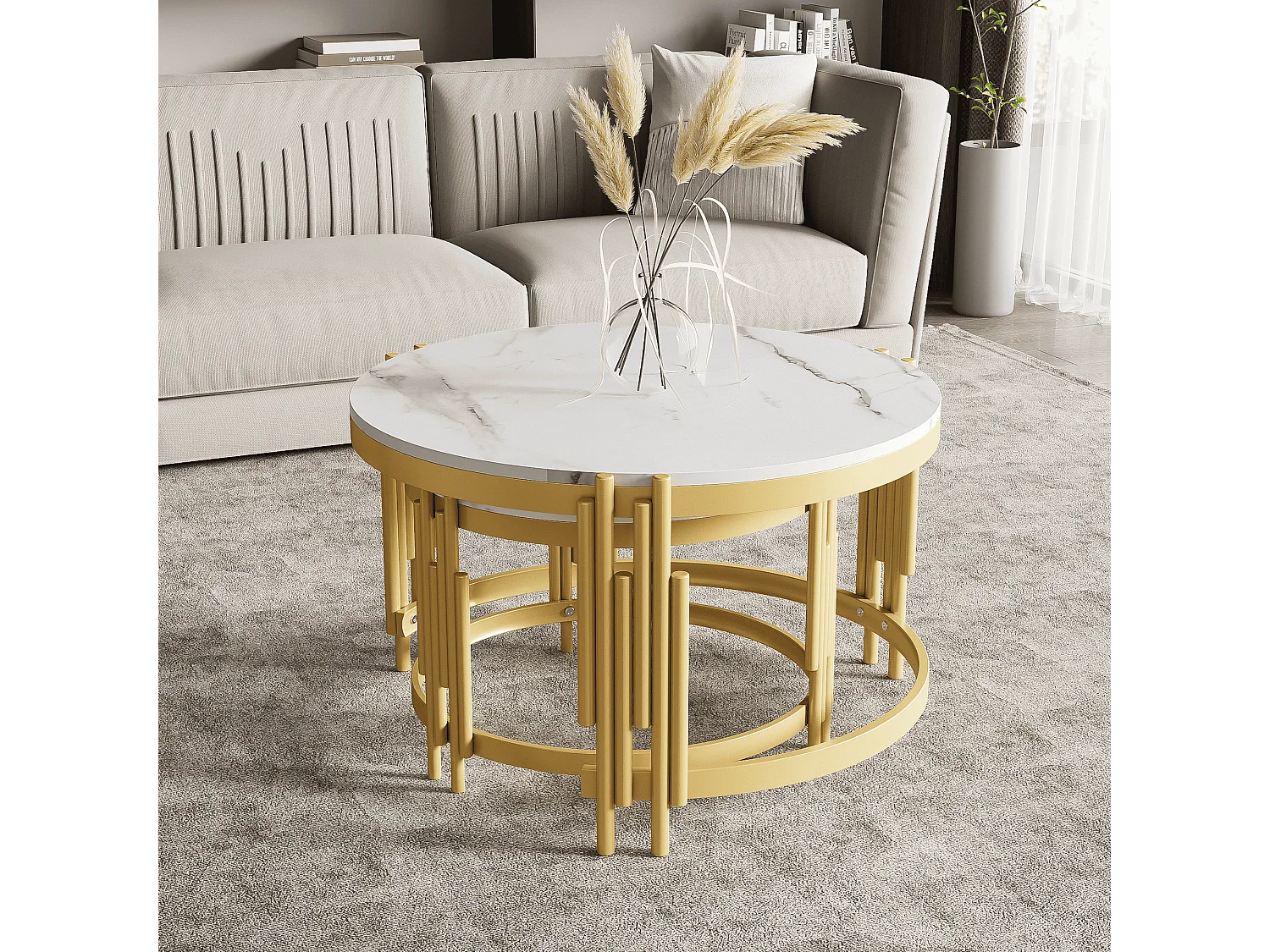 Table basse gigogne avec plateau effet marbre - Structure en métal doré