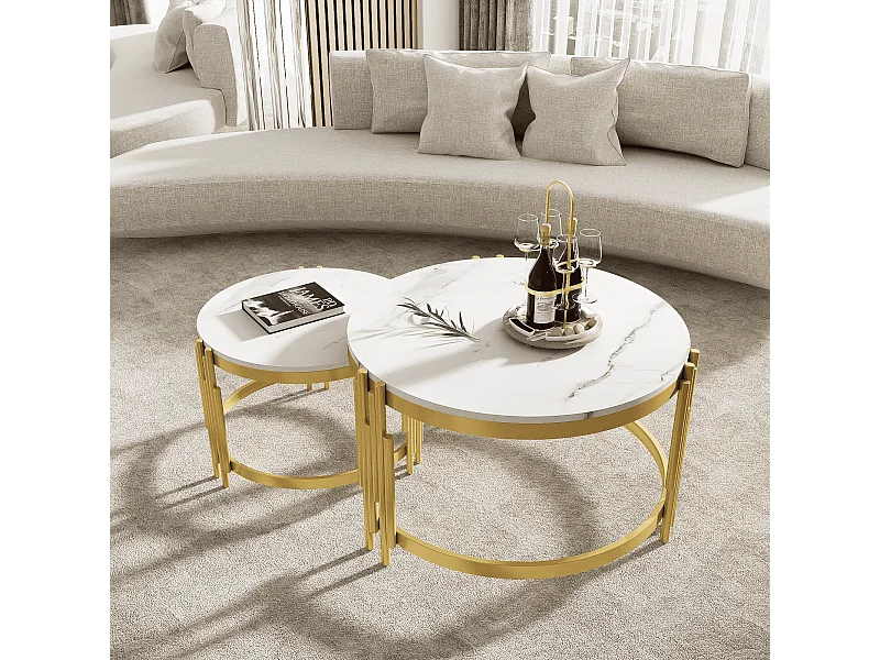 Table basse gigogne avec plateau effet marbre - Structure en métal doré