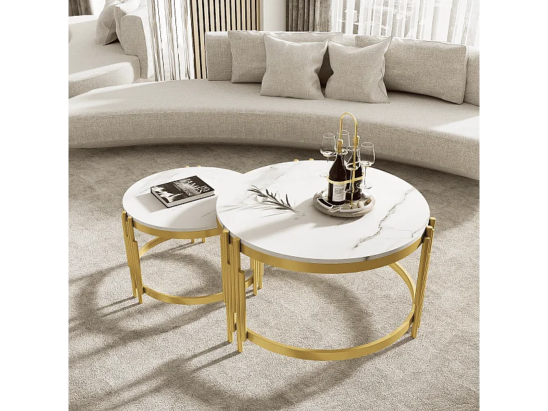 Table basse gigogne avec plateau effet marbre - Structure en métal doré