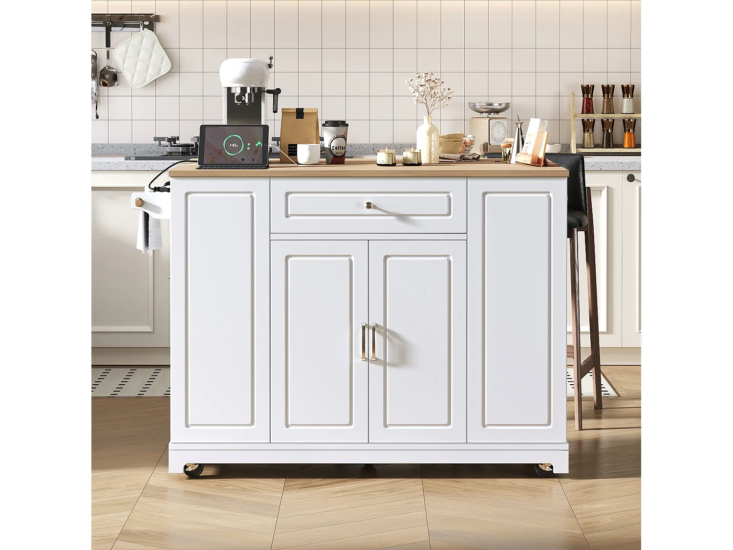 Keukeneiland op wielen met USB, 2 lades en 2 deuren - Afvalbakvak - Wit en naturel