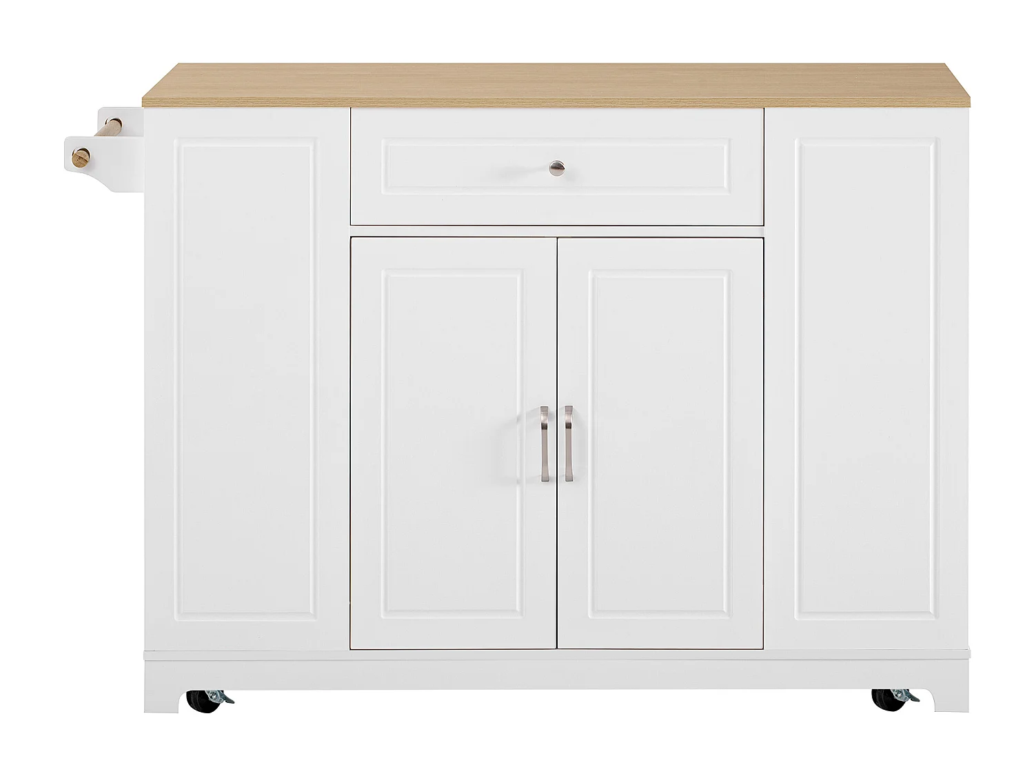 Keukeneiland op wielen met USB, 2 lades en 2 deuren - Afvalbakvak - Wit en naturel