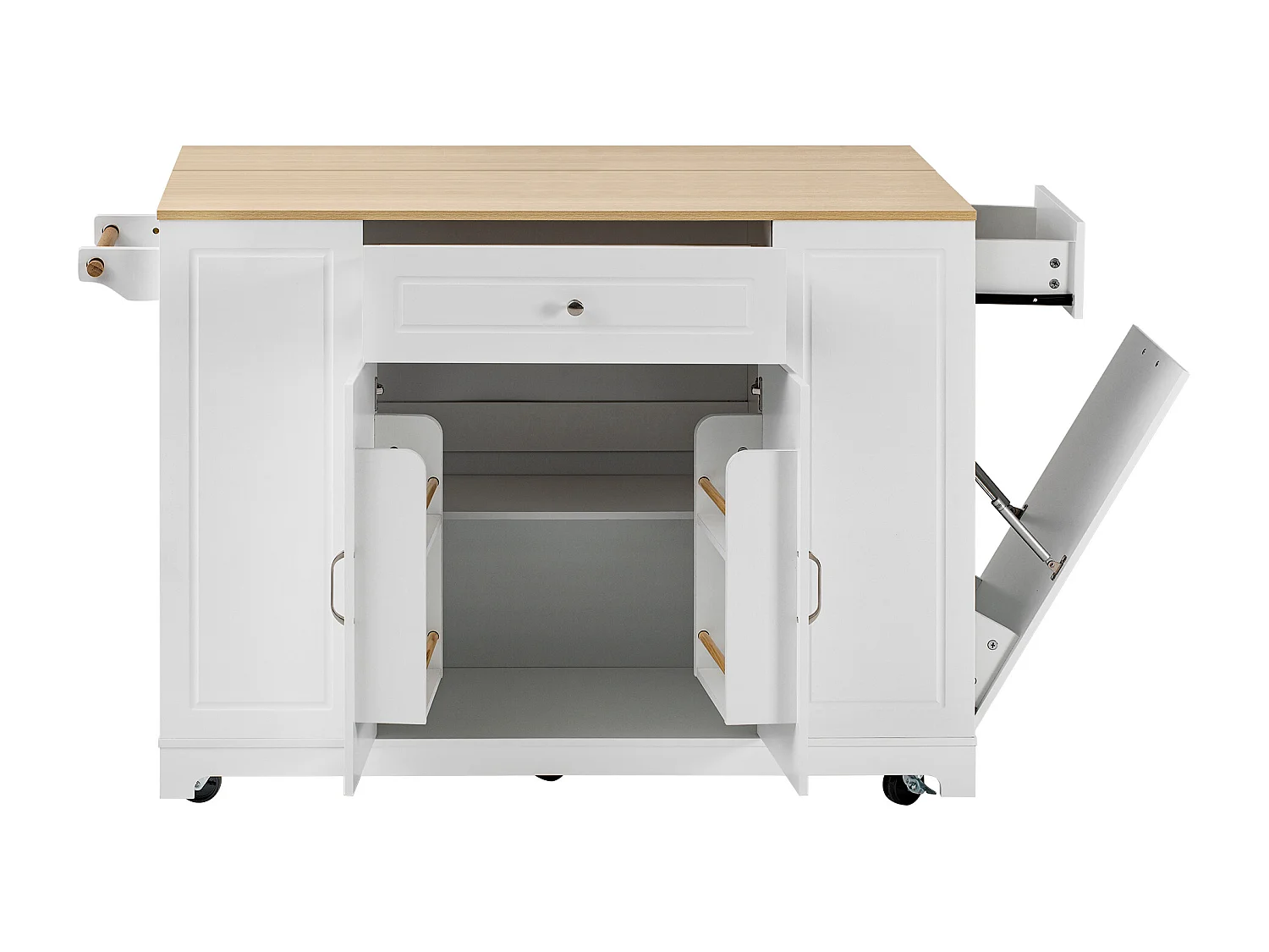 Keukeneiland op wielen met USB, 2 lades en 2 deuren - Afvalbakvak - Wit en naturel