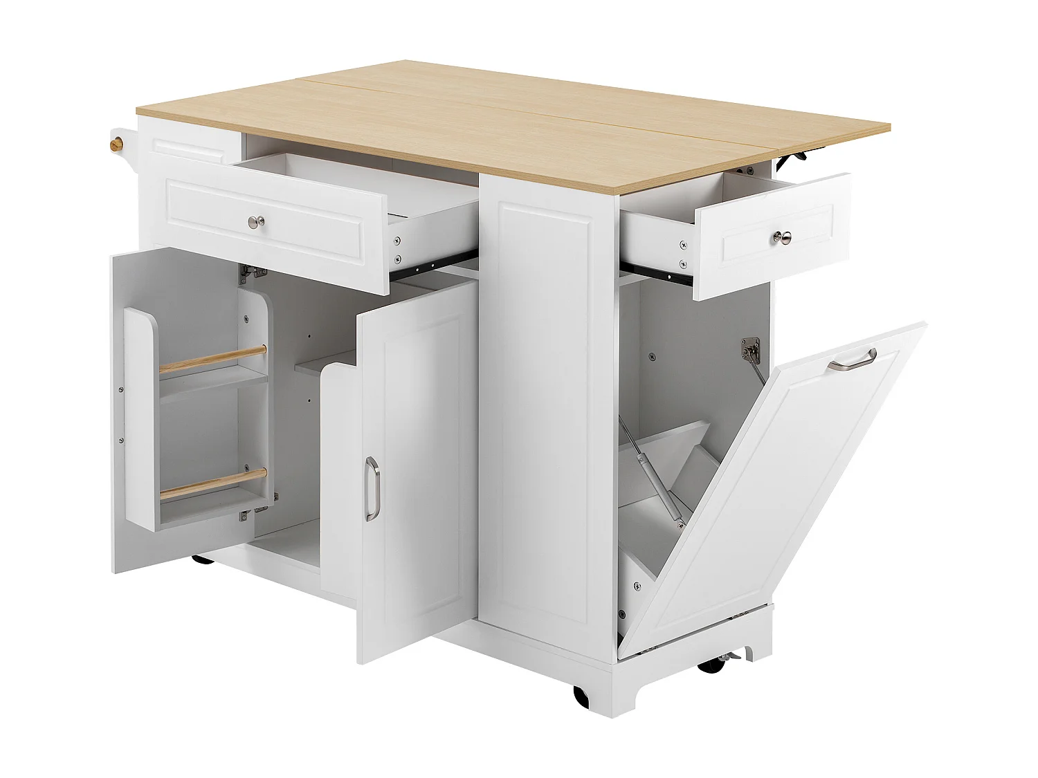 Keukeneiland op wielen met USB, 2 lades en 2 deuren - Afvalbakvak - Wit en naturel