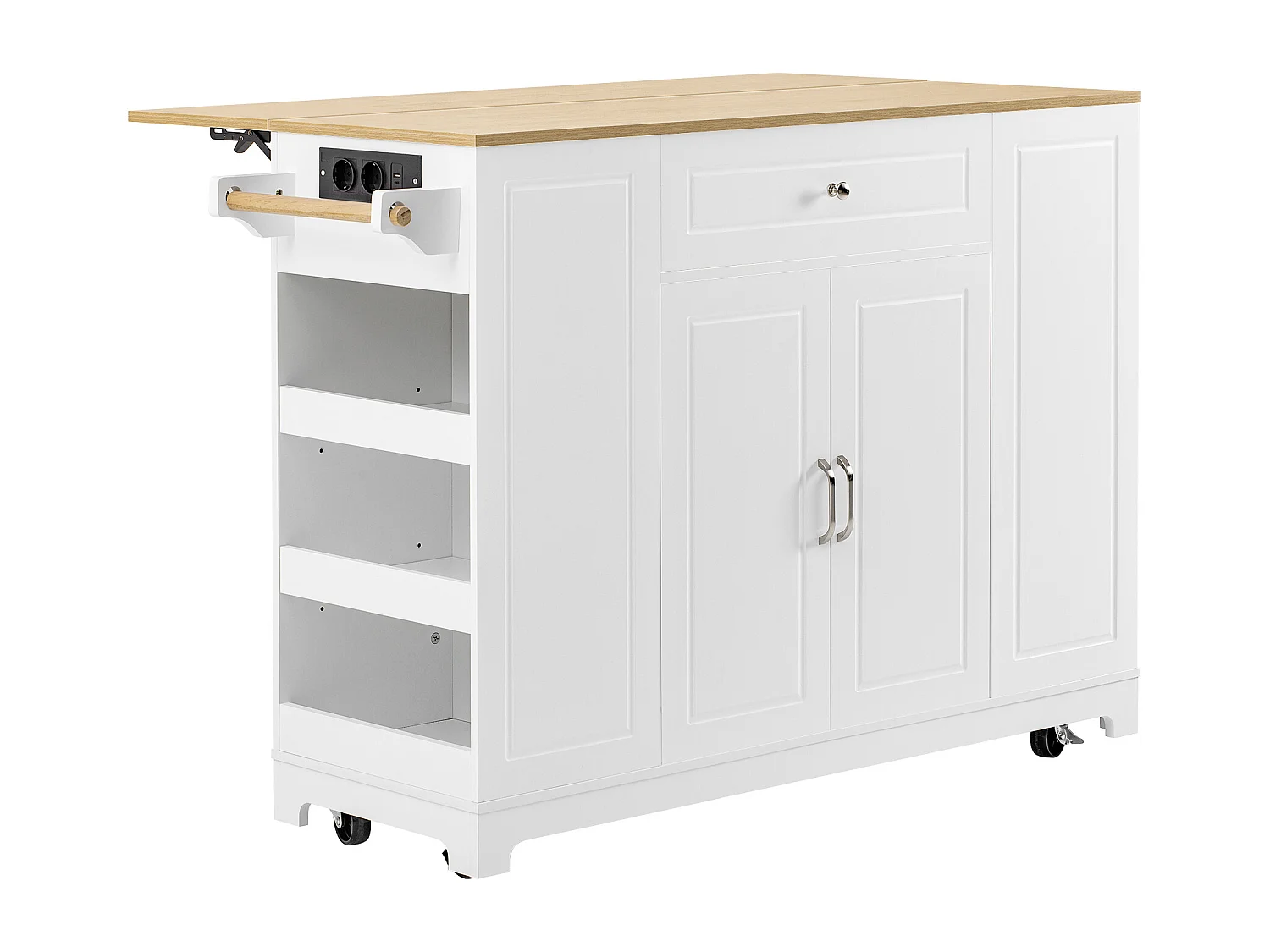 Keukeneiland op wielen met USB, 2 lades en 2 deuren - Afvalbakvak - Wit en naturel