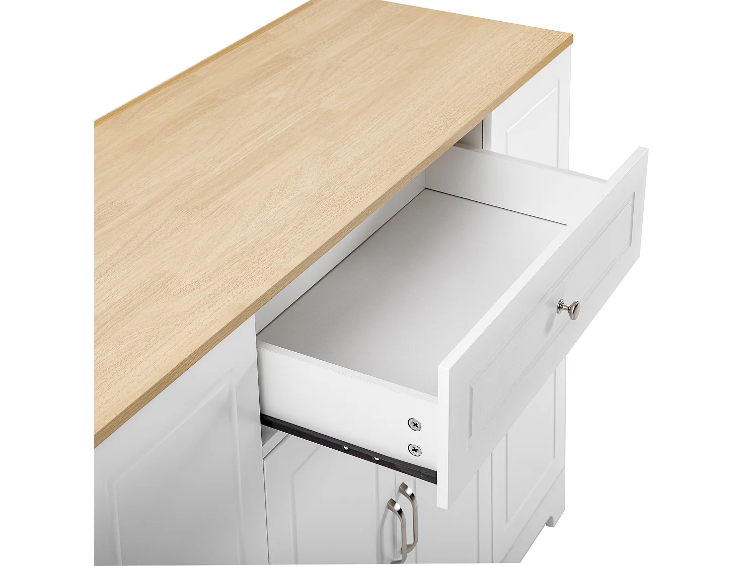 Keukeneiland op wielen met USB, 2 lades en 2 deuren - Afvalbakvak - Wit en naturel