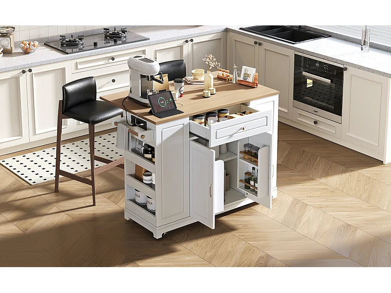 Keukeneiland op wielen met USB, 2 lades en 2 deuren - Afvalbakvak - Wit en naturel