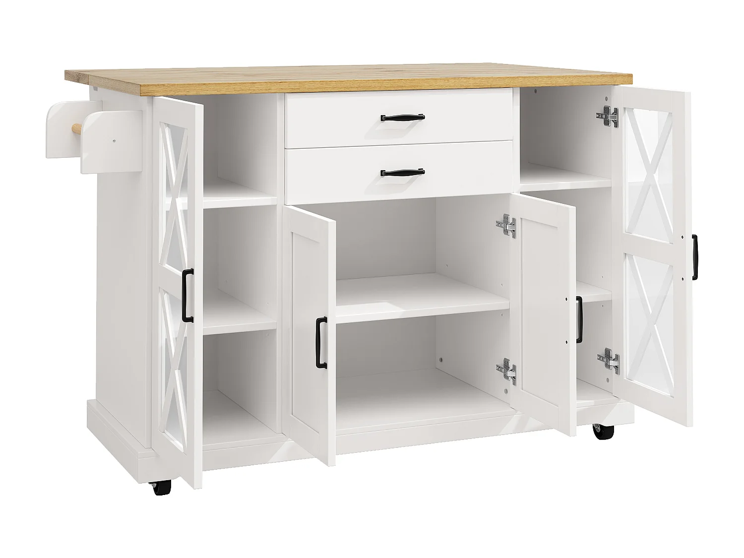 Ilot de cuisine avec 4 portes (dont 2 portes vitrées) et 2 tiroirs - étagères réglables -Couleur bois et blanc