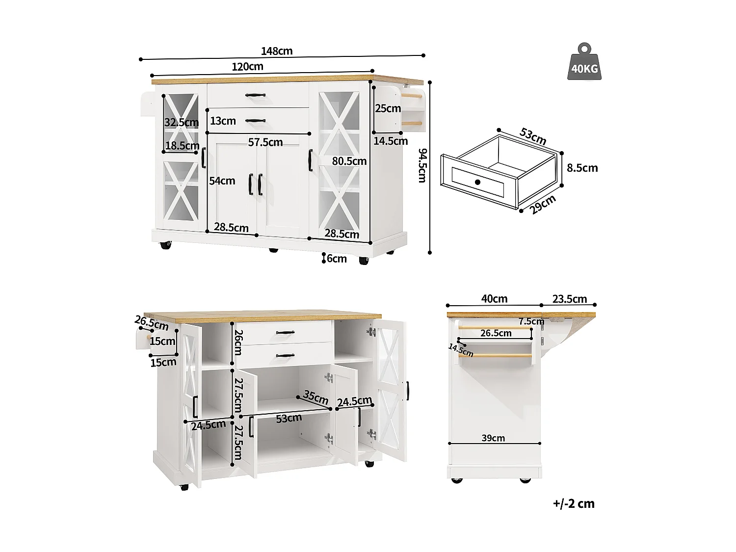 Ilot de cuisine avec 4 portes (dont 2 portes vitrées) et 2 tiroirs - étagères réglables -Couleur bois et blanc