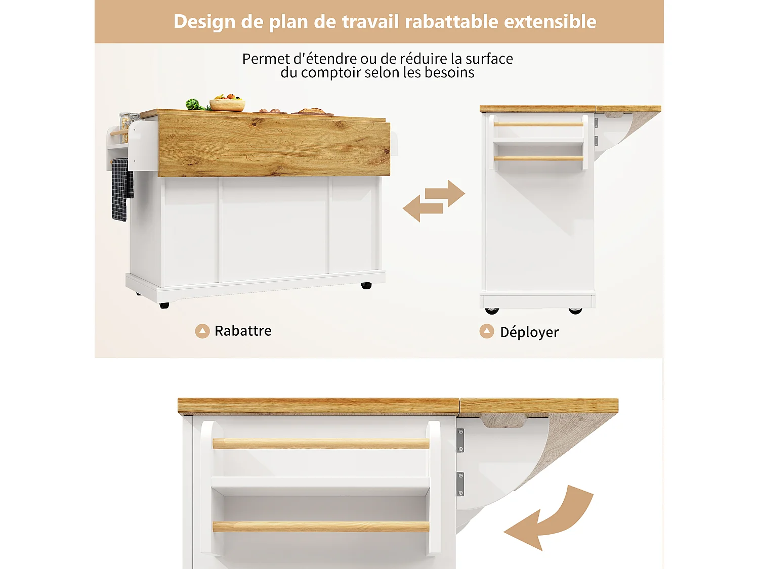 Ilot de cuisine avec 4 portes (dont 2 portes vitrées) et 2 tiroirs - étagères réglables -Couleur bois et blanc