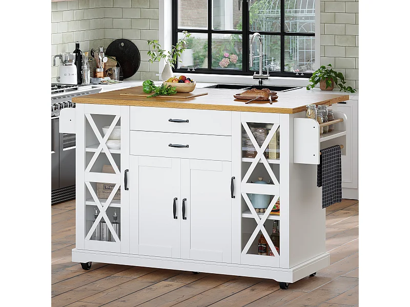 Ilot de cuisine avec 4 portes (dont 2 portes vitrées) et 2 tiroirs - étagères réglables -Couleur bois et blanc