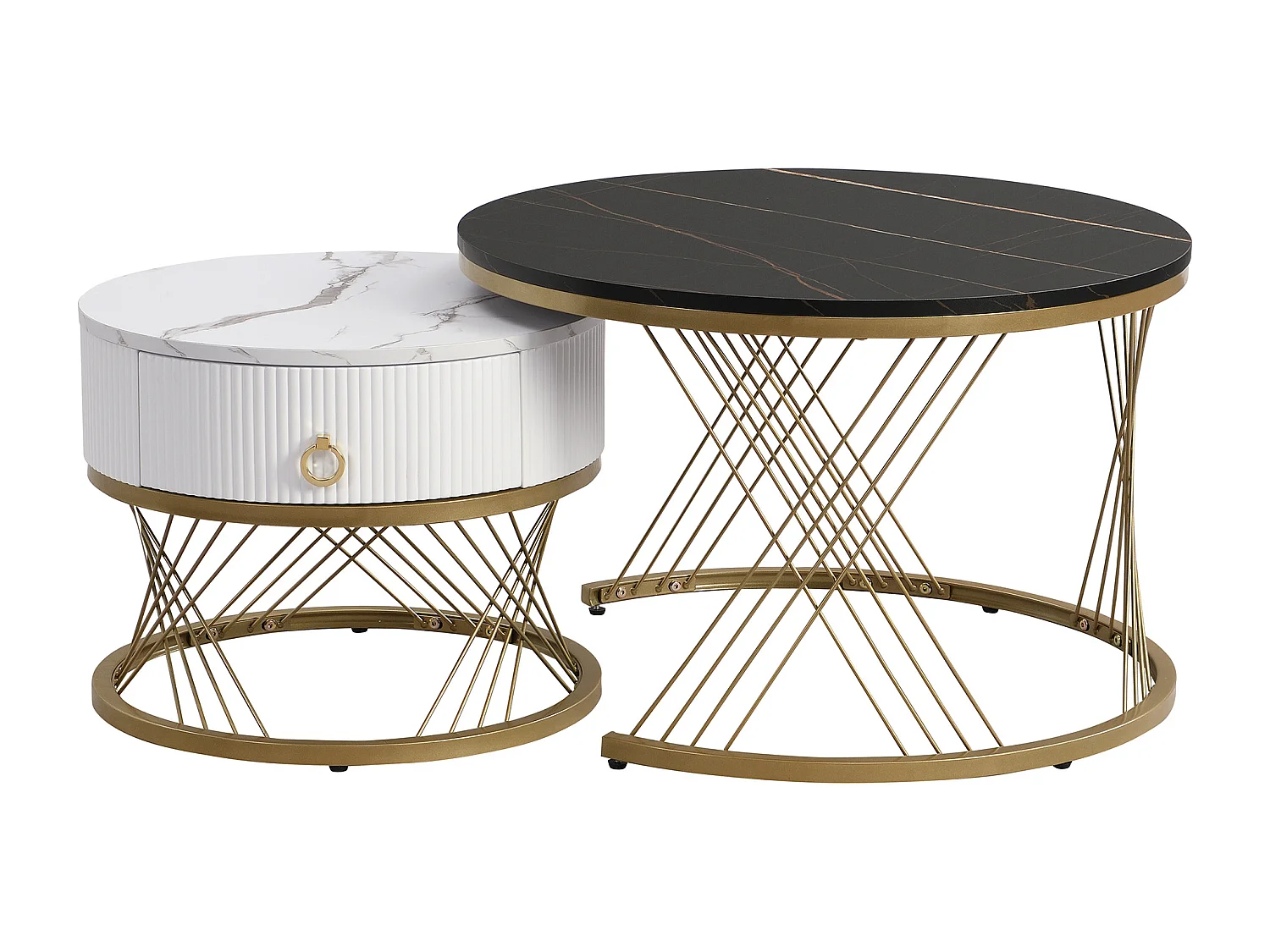 Salontafel met lade - Marmerlook blad - Metaal en MDF-hout - Wit