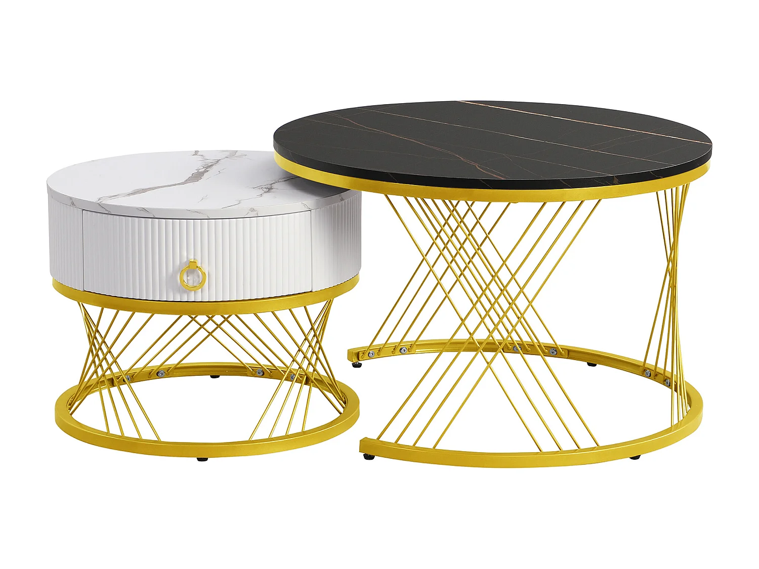 Table basse gigogne avec tiroir - Plateau effet marbre -Métal et bois MDF - Blanc