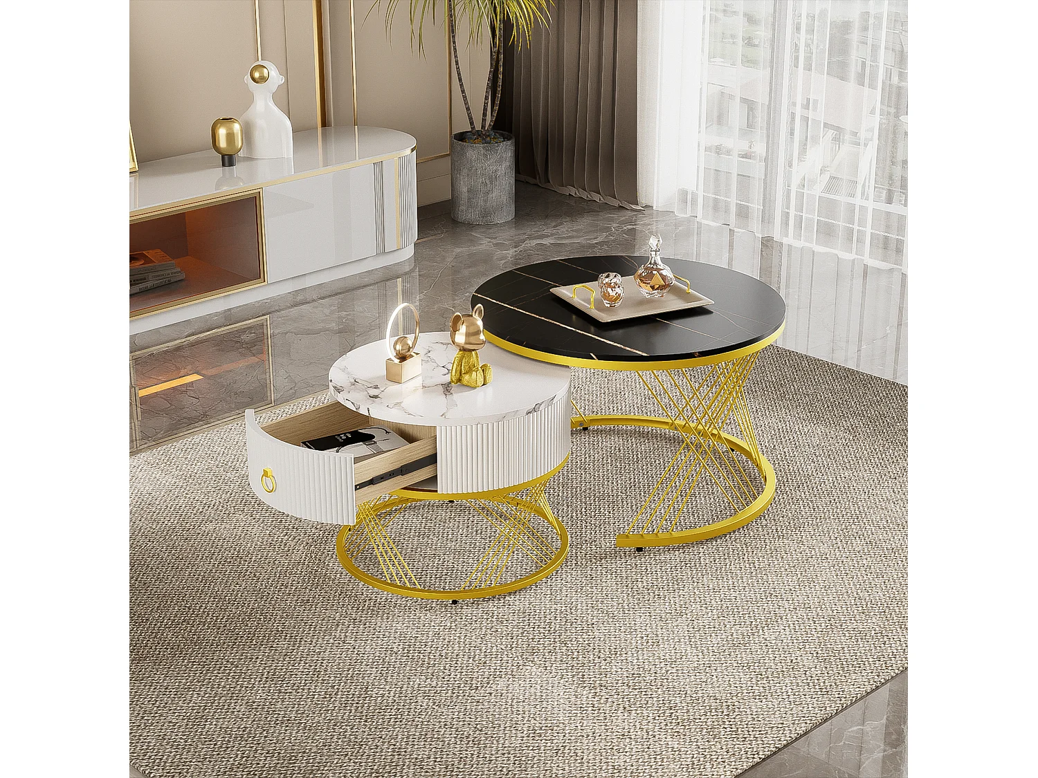 Table basse gigogne avec tiroir - Plateau effet marbre -Métal et bois MDF - Blanc