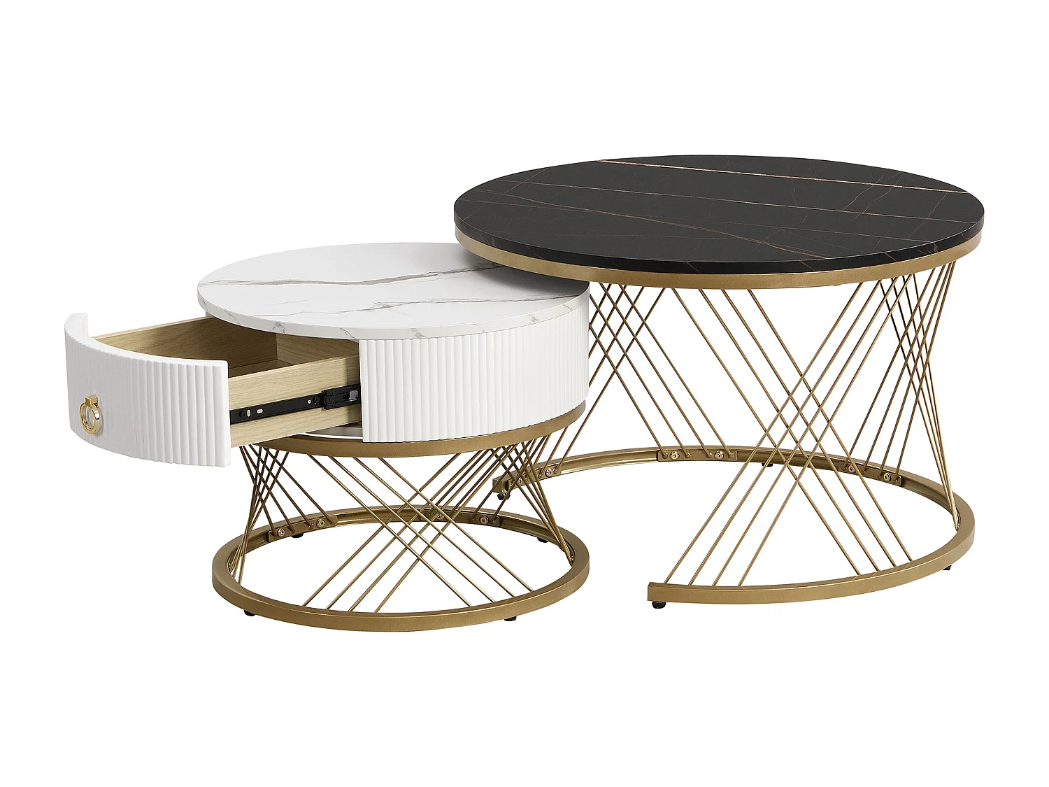 Table basse gigogne avec tiroir - Plateau effet marbre -Métal et bois MDF - Blanc