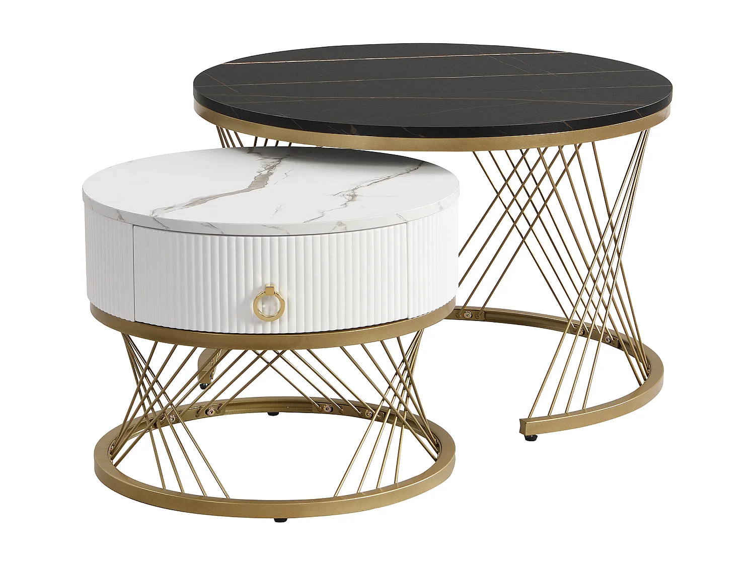 Table basse gigogne avec tiroir - Plateau effet marbre -Métal et bois MDF - Blanc