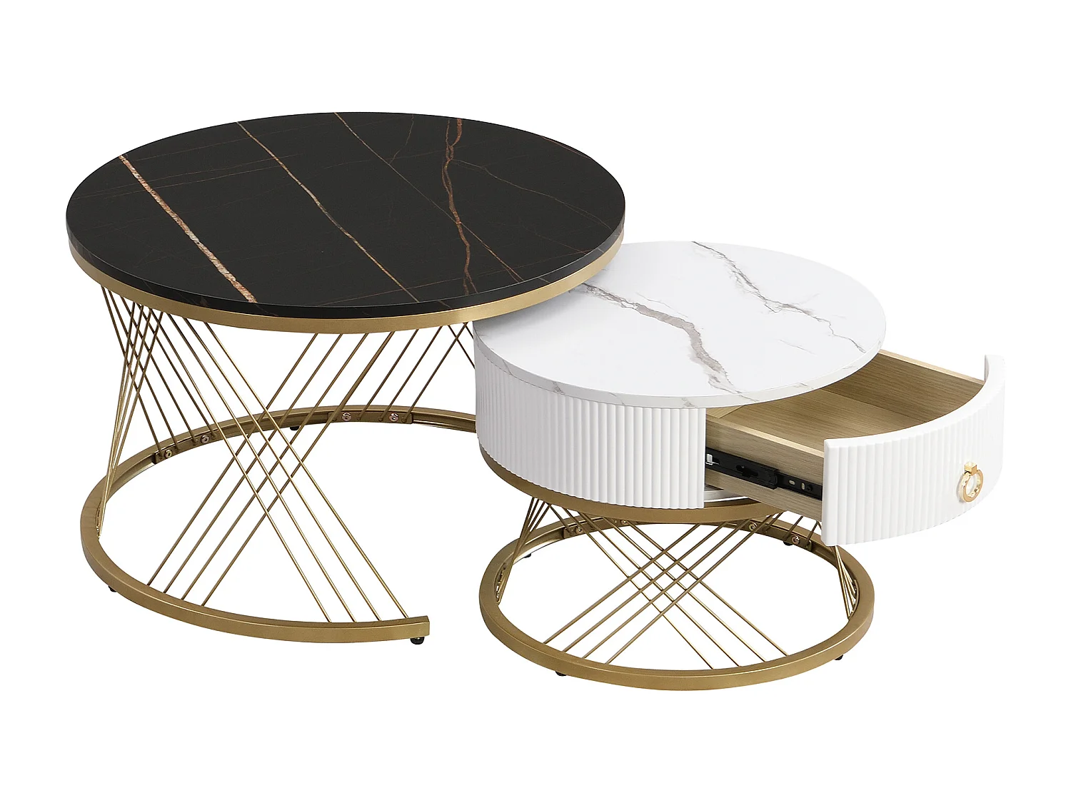 Table basse gigogne avec tiroir - Plateau effet marbre -Métal et bois MDF - Blanc