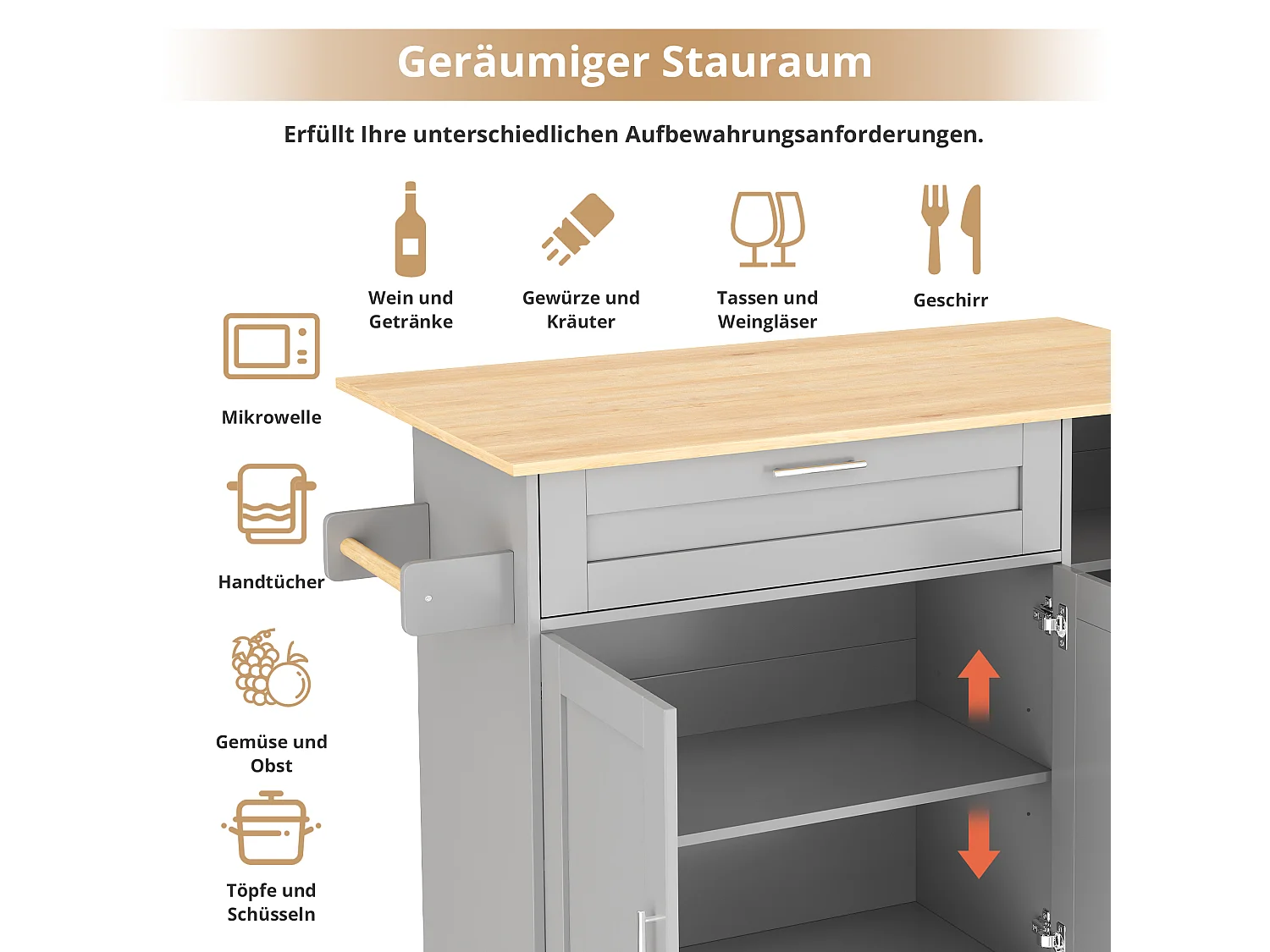 Keukeneiland op wielen - 3 deuren en lade - Houtnerf bovenblad - Grijs