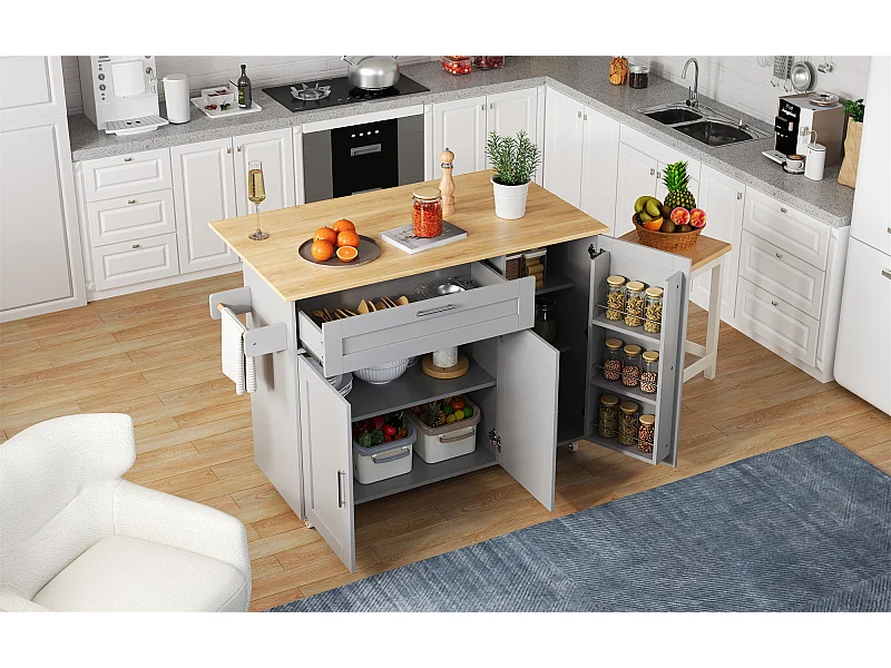 Îlot central de cuisine sur roulettes - 3 portes et tiroir - Plateau woodgrain - Gris