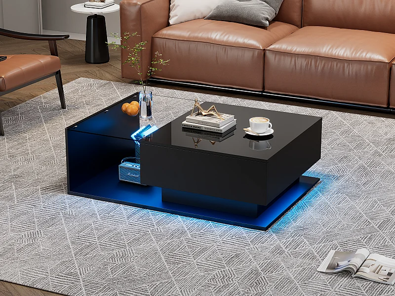 Table basse avec LED et 1 tiroir - Finition brillante noire - Plateau en semi-verre