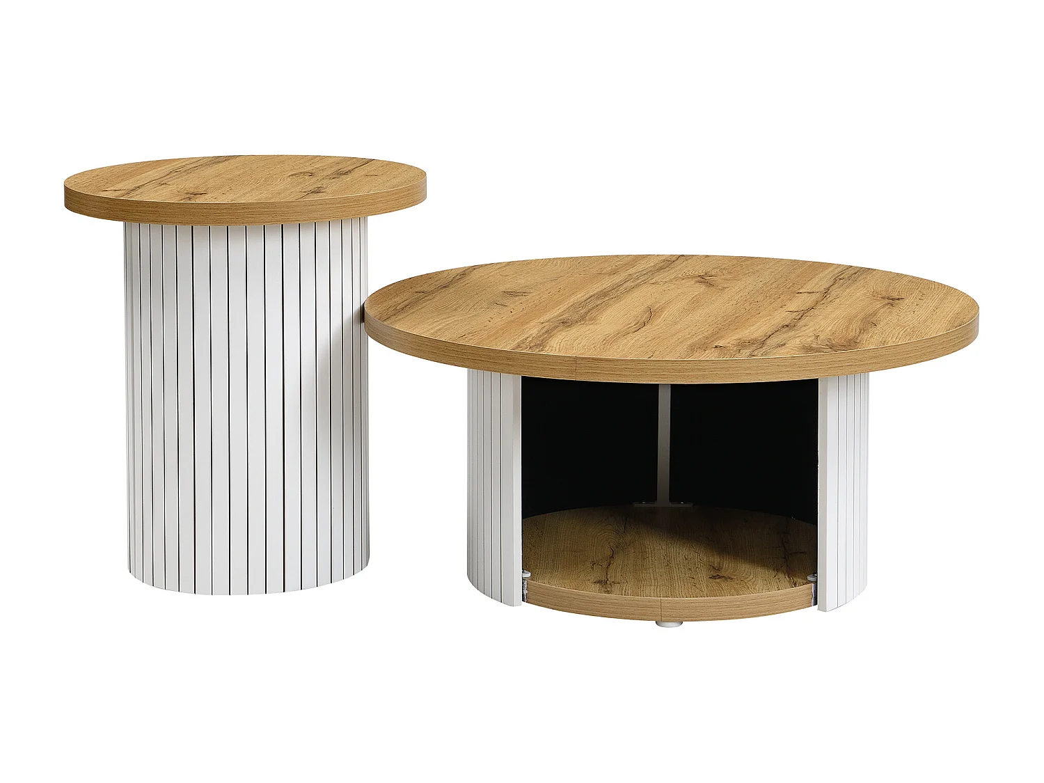Table basse rond avec rangement - Lot de 2 - Rayures verticales blanches -Couleur bois