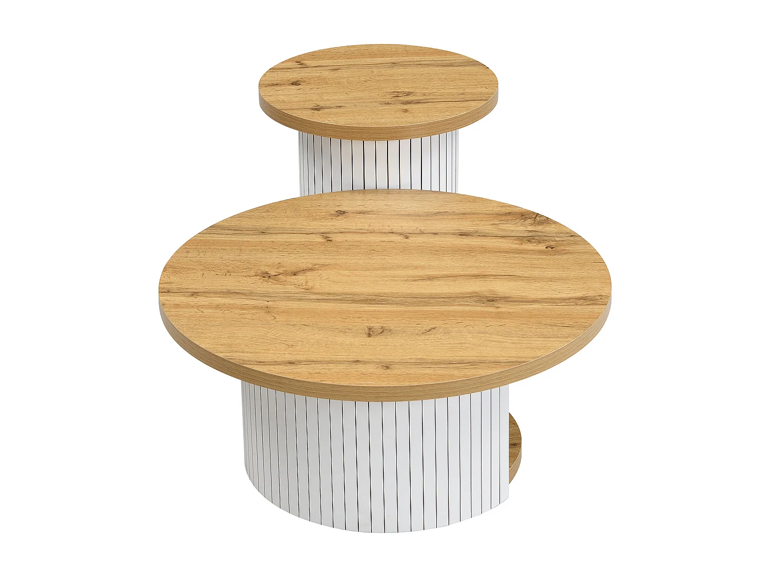 Table basse rond avec rangement - Lot de 2 - Rayures verticales blanches -Couleur bois